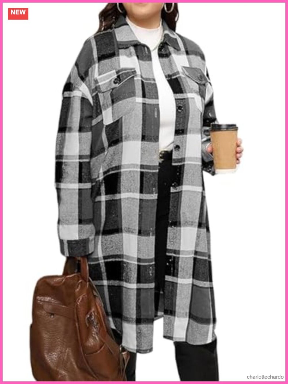Plus Size Flannel Plaid Shacket Button Down Long Sleeve Oversized Coat